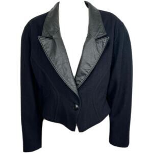 Vintage 80s Black Wool Short Coat Leather Trim Jacket size M Jonathan Stevens